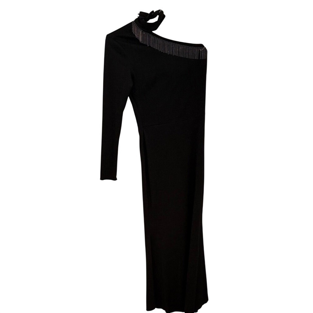 Black One Shoulder Maxi Dress Long Sleeve Beaded Fringe Neckline Formal‎ Gown